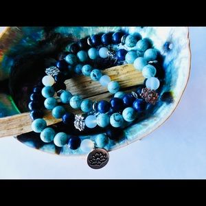 Silver Lotus Blue Crystal Beas Bracelet Set Stack Blue Lapis Opalite